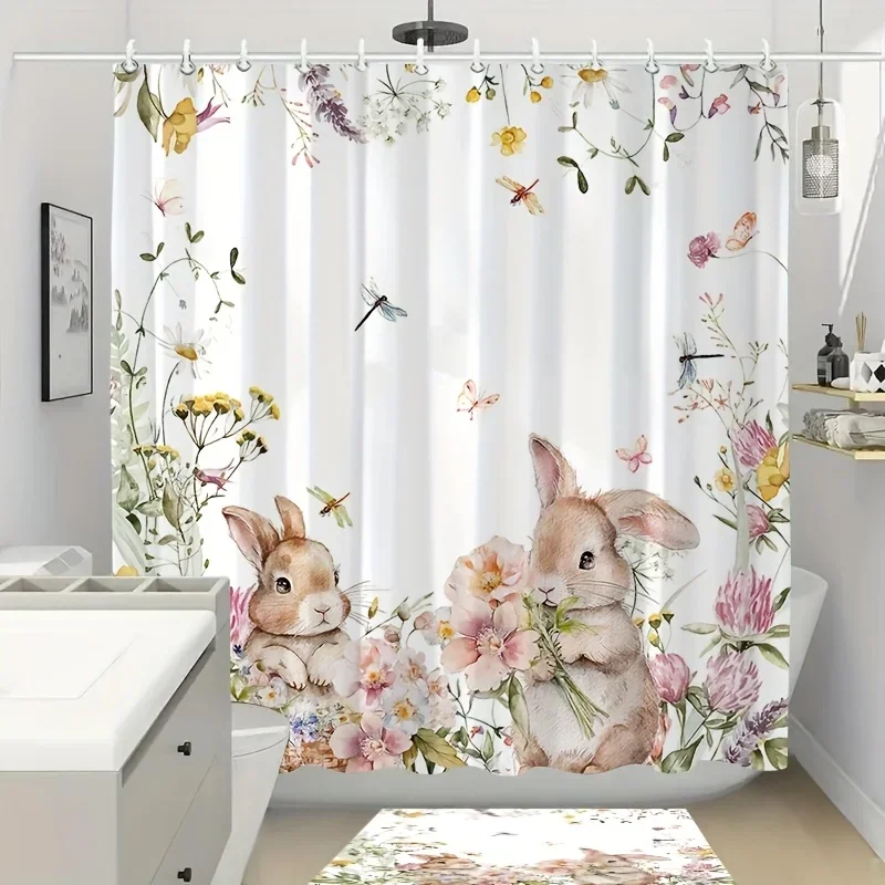 VIKAMA Easter Bunny Shower Curtain Floral Butterfly Waterproof Mould-Resistant Privacy Screen with Hooks Room Divider Home Decor