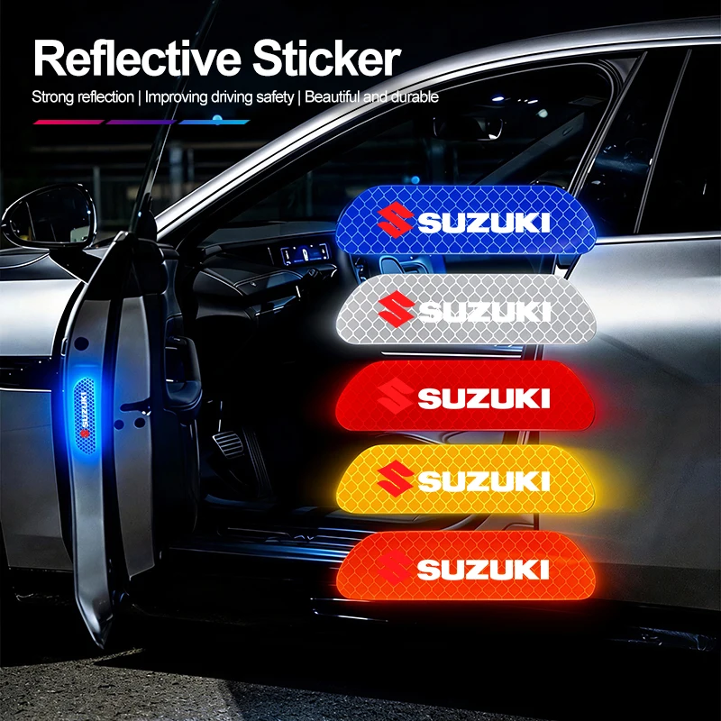 Pegatina reflectante para puerta de coche, cinta de advertencia de seguridad, calcomanía para Suzuki Swift Vitara Baleno Jimny Samurai Ignis Alto Splash Kaiser, 4 Uds.