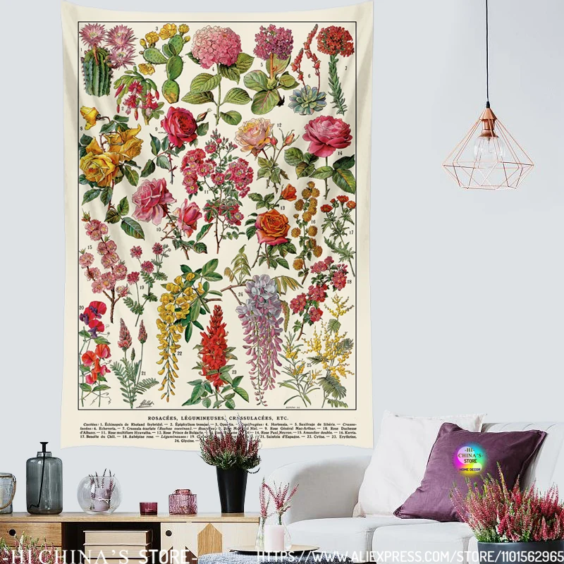 Floral Botanical Home Decor Tapestry Wall Hanging Flowers Plant Reference Chart Aesthetic Tapestries for Livingroom Bedroom