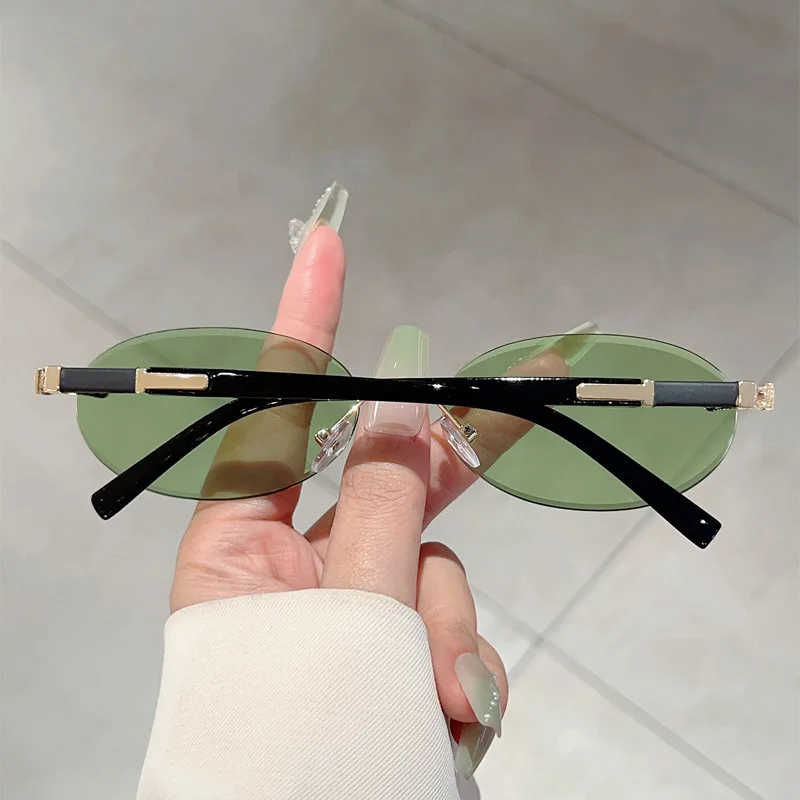 Personalisierte ovale Sonnenbrille im Retro-Stil für Damen und Herren, hochwertige Metall-Sonnenbrille, luxuriöse rahmenlose Sonnenbrille für Reisen, UV400-Sonnenbrille – Detail 5
