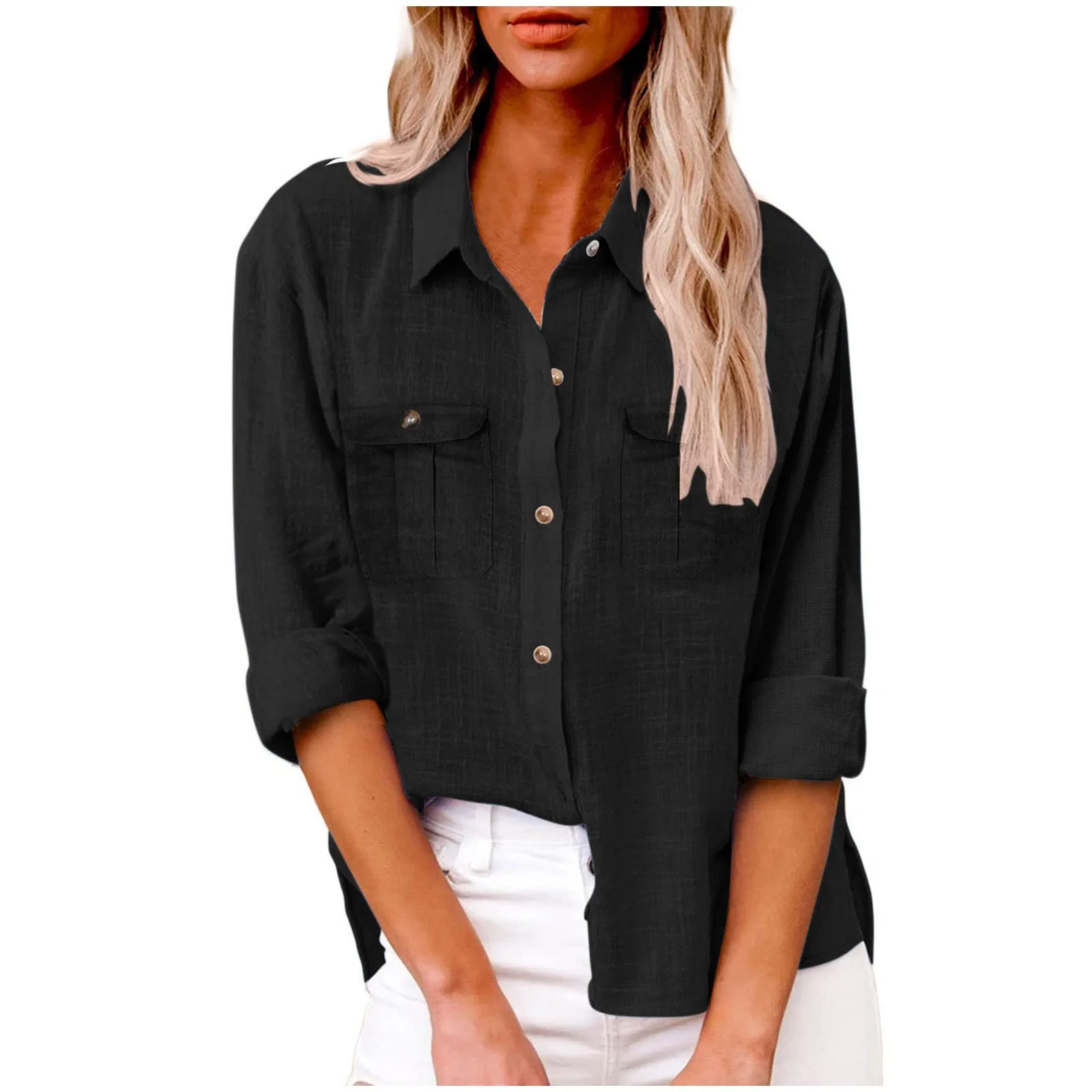 

Women'S Autumn Shirt Ladies Casual Solid Colour Double Pocket Blouses Hem Side Split Long Sleeve Shirt Elegant Vintage Shirt