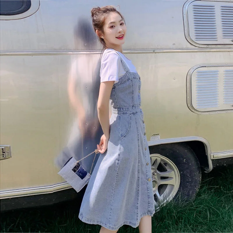 Rok Tali Elastis Wanita Dua Potong Gaun Denim Tali Pengurang Usia Gaya Barat Set Biru Temperamen Pinggang Baru Musim Panas Wanita