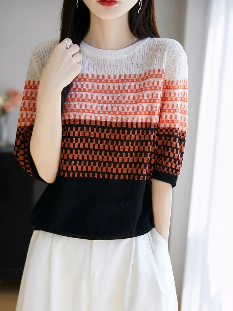 

Женская трикотажная футболка Laisel с круглым вырезом и короткими рукавами с цветными блоками, новый облегающий дизайн, универсальный топ