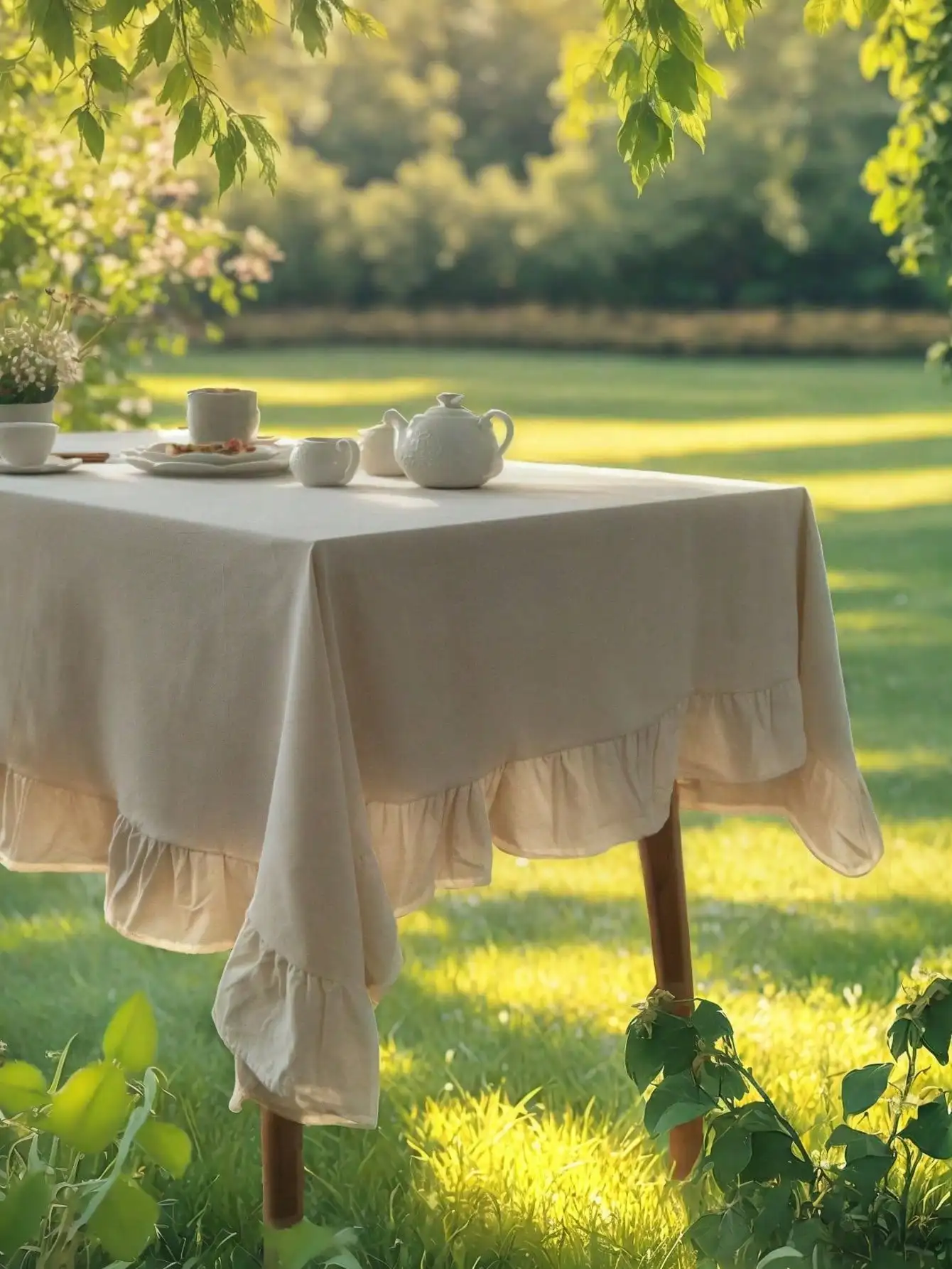 1pc Plain Linen Tablecloth With Ruffle Hem, Vintage Rustic Style For Kitchen, Dining Table, Coffee Table, TV Stand, Valentine