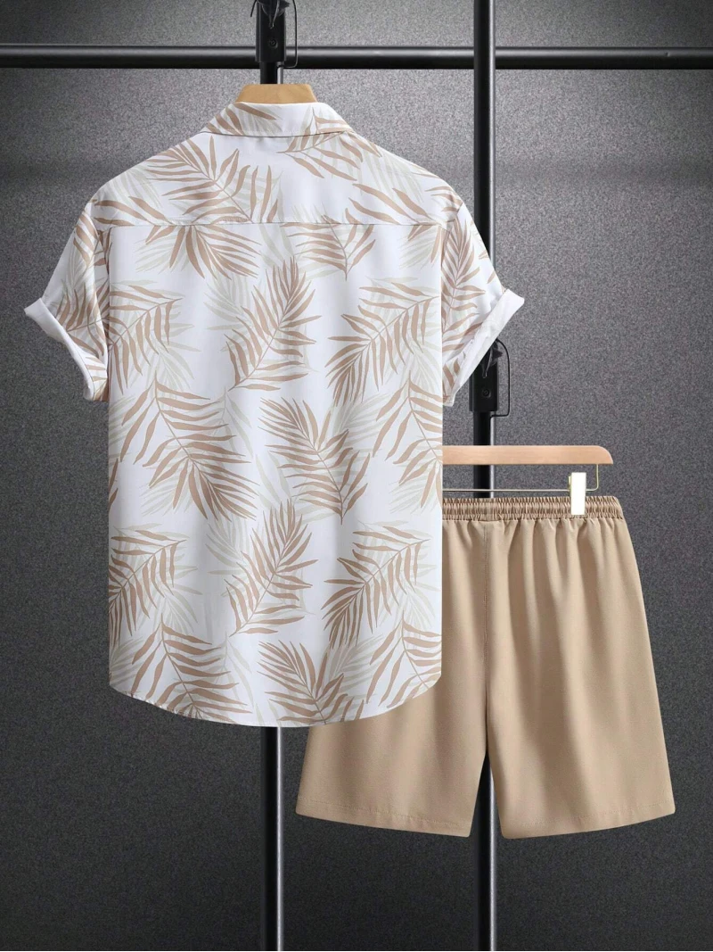 Summer Fashion Men's Suit Elegant Plant Printing Pattern Short-sleeved Lapel Shirt And Drawstring Shorts Leisure Two-piece Suit