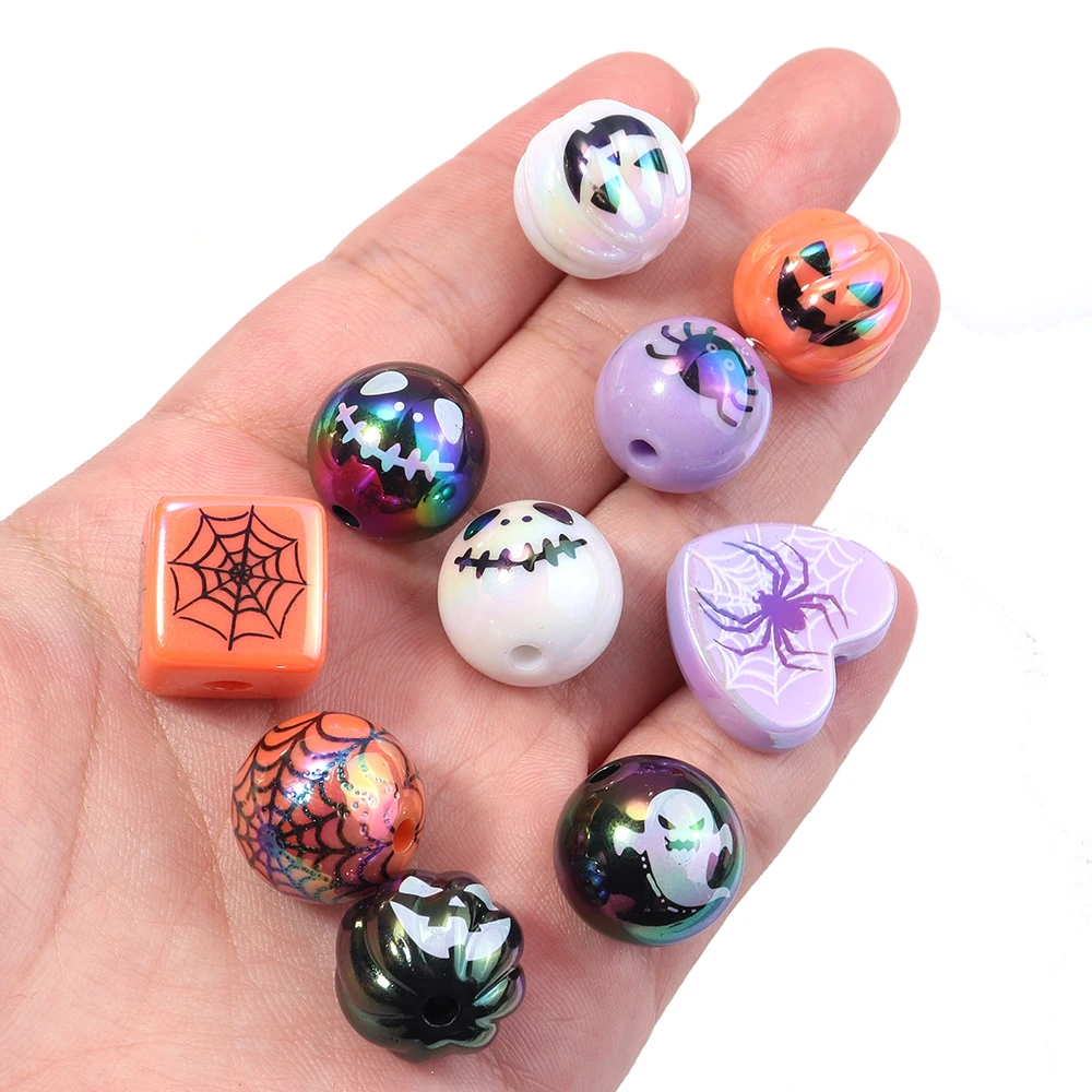 10Pcs Halloween Printed Acrylic Beads Skull Ghost Pumpkin Beads Loose Beads For Jewelry Making DIY Chain Keychain Accessories