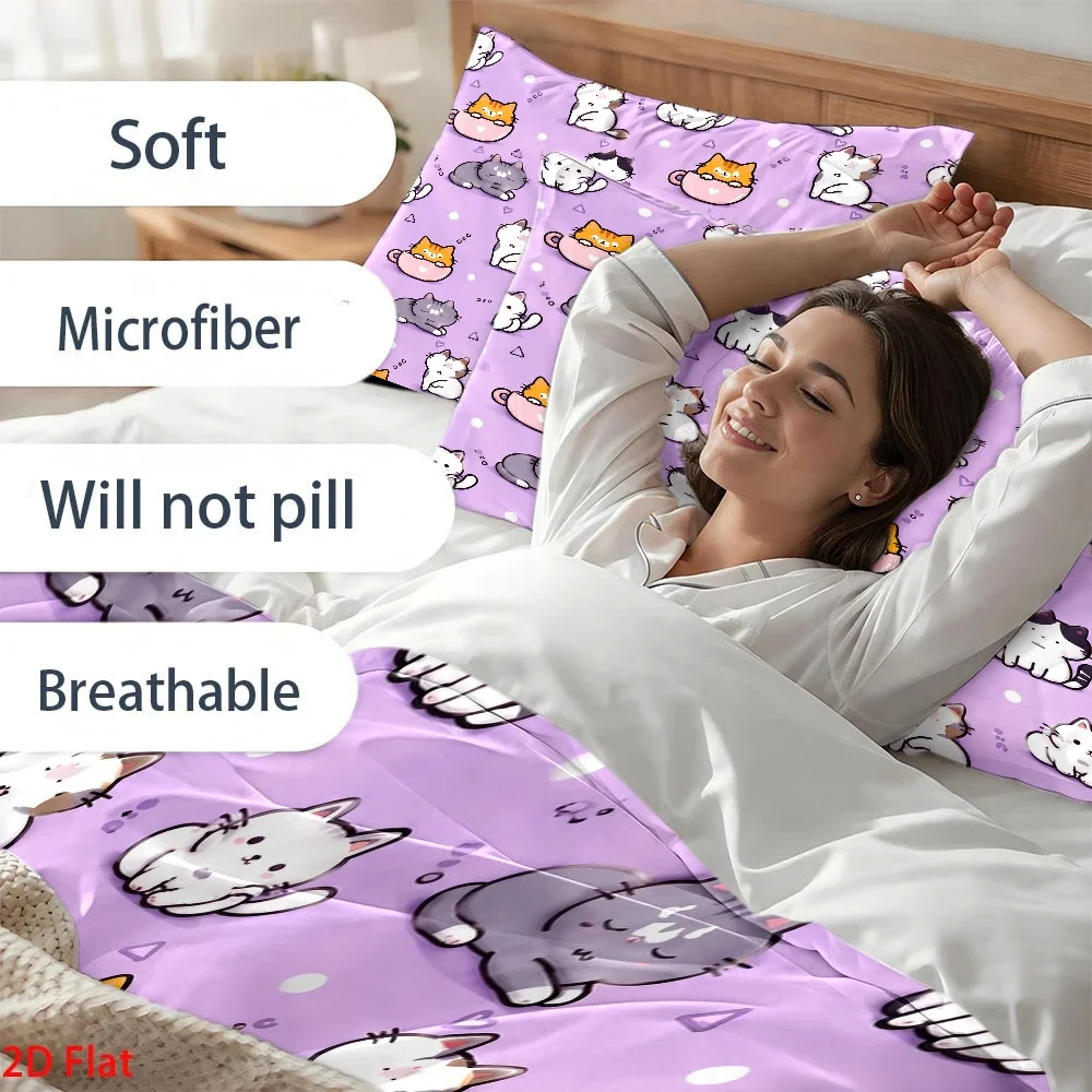 3Pc Cute Cat Print Duvet Cover Set, Three-Piece Bedding Set (1*Duvet Cover + 2*Pillowcases), Skin-Friendly and Breathable Polyester Woven Bedding, Soft and Comfortable for All Seasons, Invisible Zipper, Easy to Clean and Durable, Wrinkle-Resistant, Machine Washable, Cozy Home Bedroom Decoration, Double Bed Bedding for Student Dormitories, Nordic Style Suitable for Master Bedroom and Guest Room, Modern Minimalist Light Luxury Style Bed Cover Set, Large Double Bed Cover Set 2 view 3