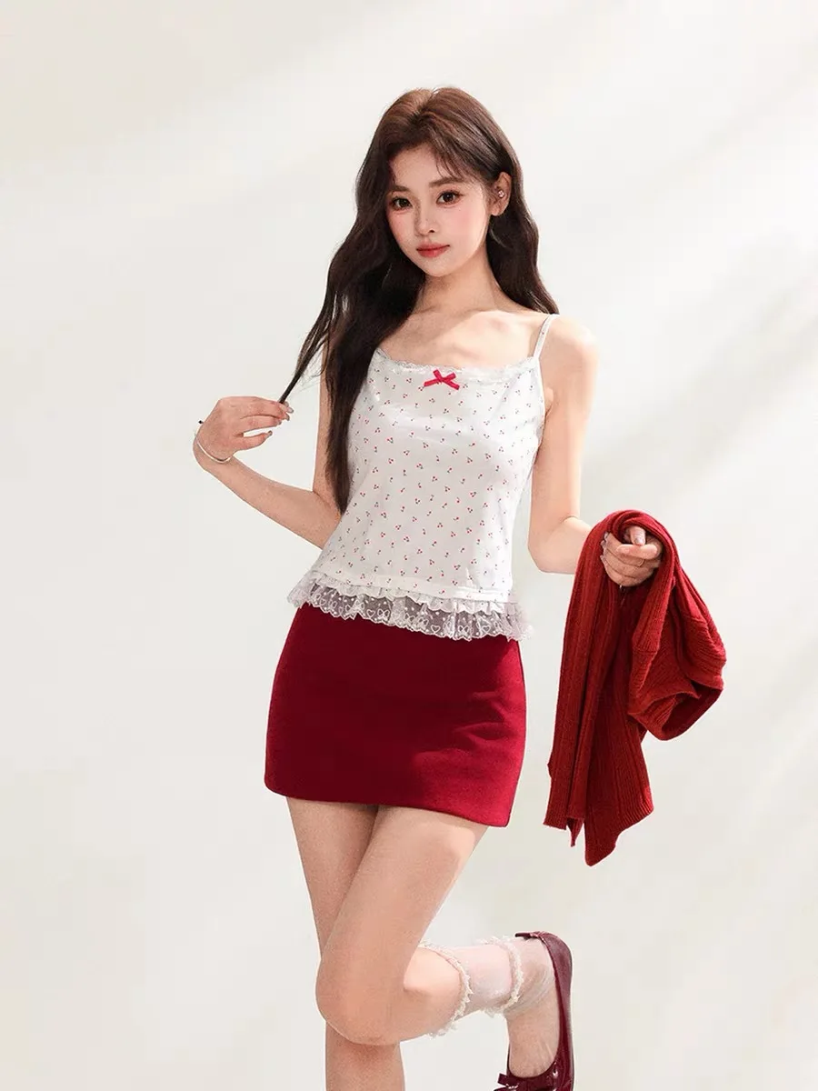 Summer Cotton Lace Trim Halter Neck Vest Women's plus Size Sexy Innerwear Outerwear  Knot Tank Top Simple Style