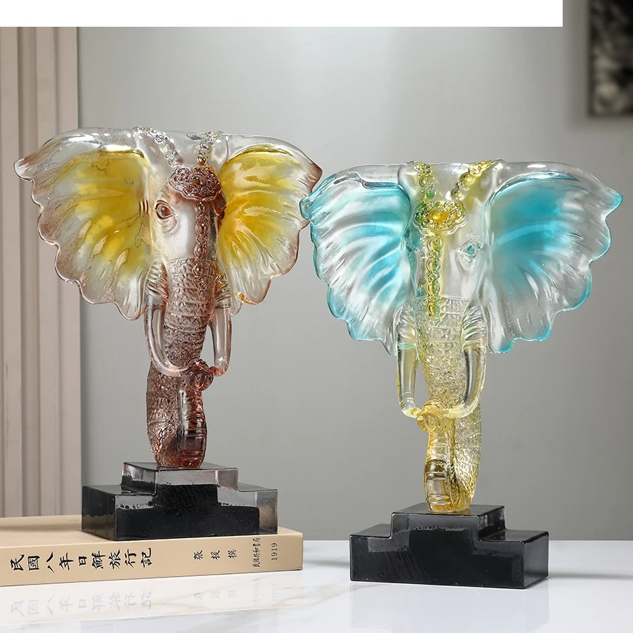 Kunstharz-Handwerk Simulierte Tierskulptur Kristall-Elefant Transparenter Elefantenkopf Ornamente Wohndekorationszubehör