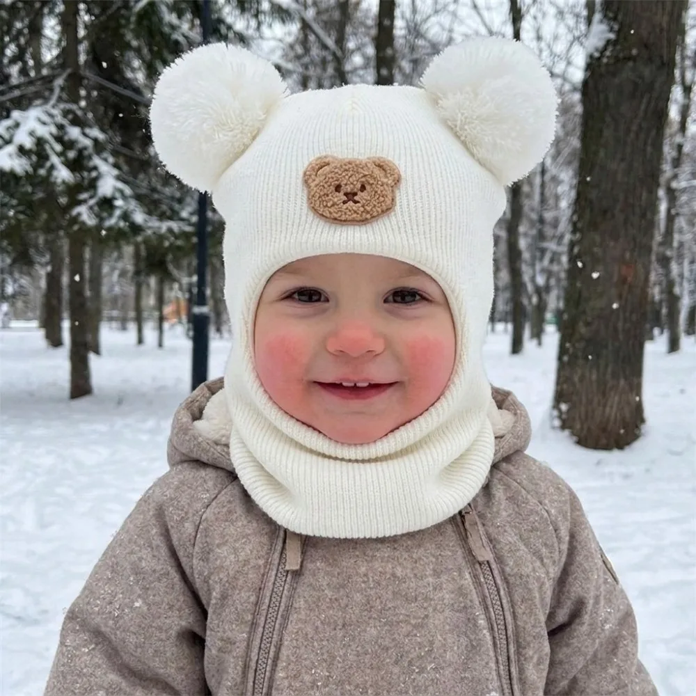 Cartoon Fluffy Ball Ears Balaclava Hat Double Pom Pom Full Cover Cute Bear Beanie Soft Knit Warm Hooded Hat Cold Weather