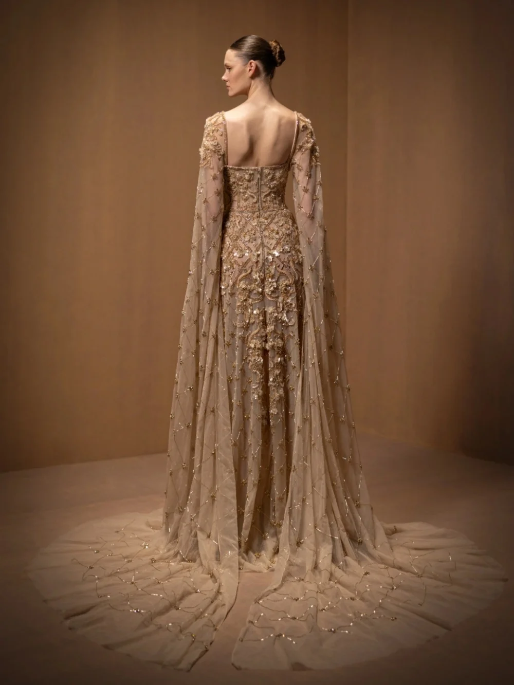Luxury Golden Embroidery Evening Dress Sparkly Beaded Square Neck Wedding Party Gowns 2026 Customized Cape Sleeve Banquet Gowns