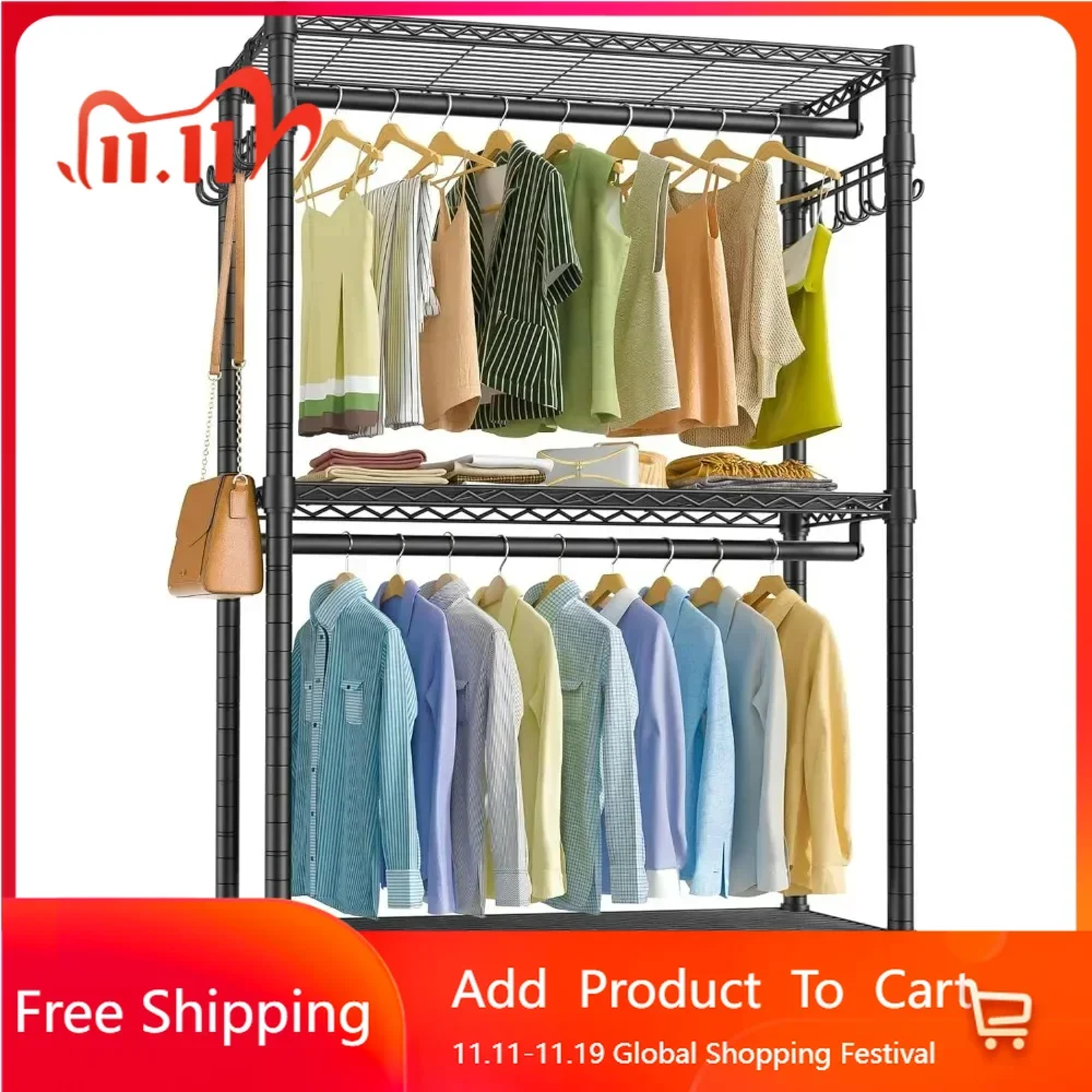 Independent metal coat rack, 3-layer adjustable steel wire shelf drying rack, with double pole and side hook black