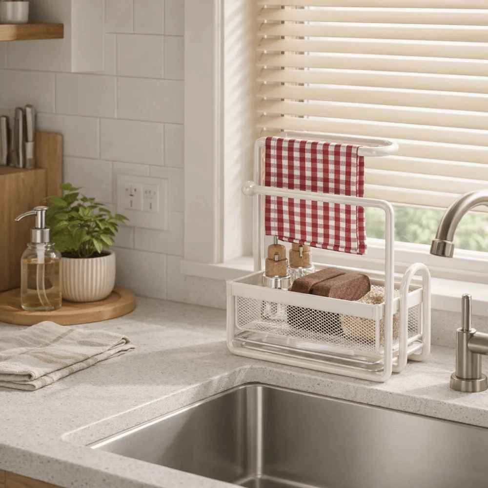 

Multi-Function Metal Frame Sink Organizer Rack Layered with Water Tray Kitchen Organizer Sturdy Sponge Holder Bathroom