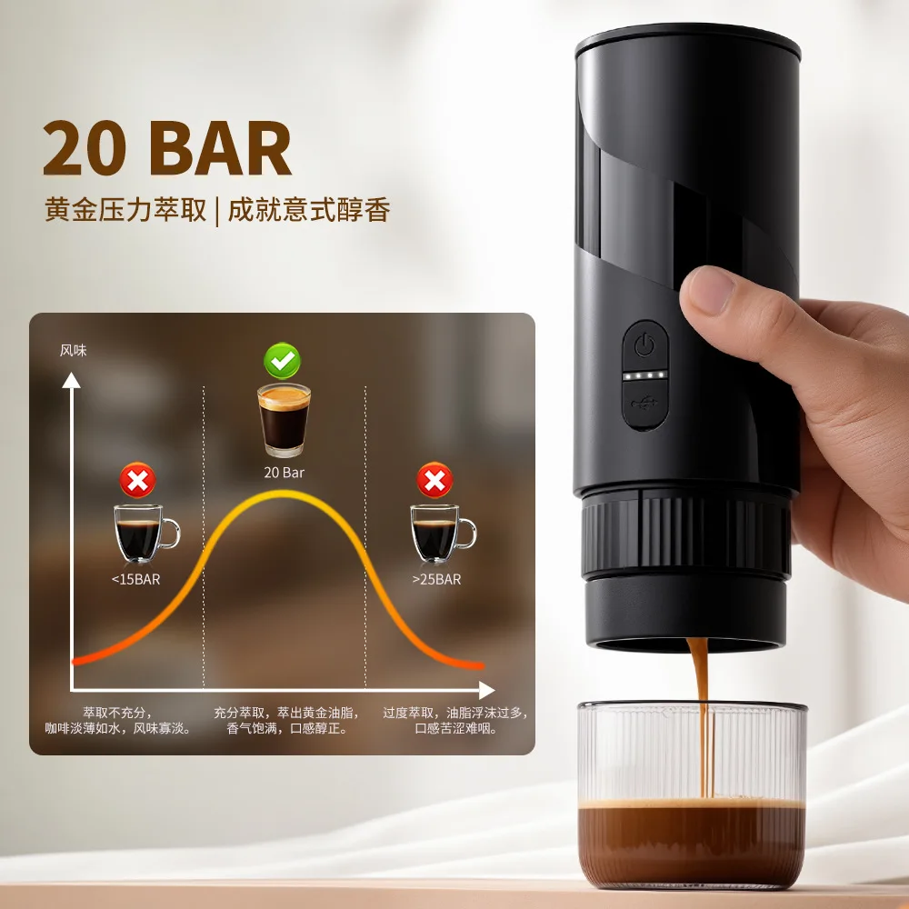 Electric Espresso Machine, Portable, Italian Style 2-in-1, Capsule, Extraction, Outdoor, Office