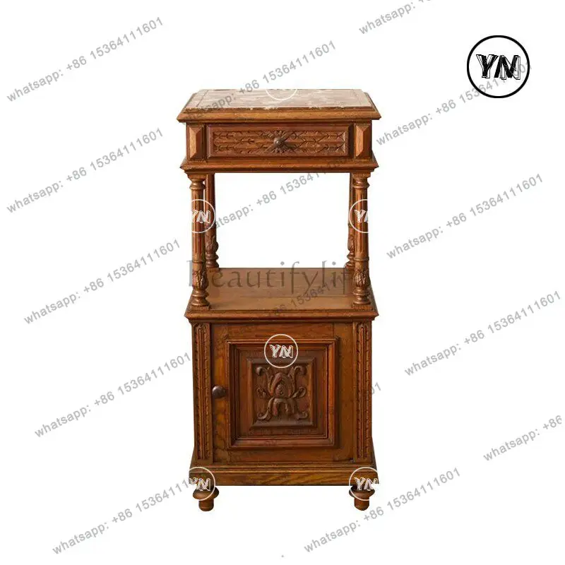 "French retro rock slab bedside table" antique carved bedside storage cabinet