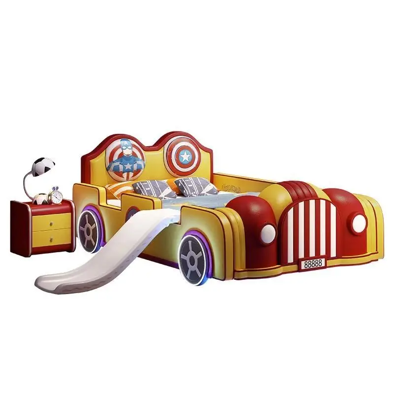 *High Quality Kids Bedroom Furniture Set Superhero Car Bed with Slide and LED Lights Upholstered Children Bed for Boys