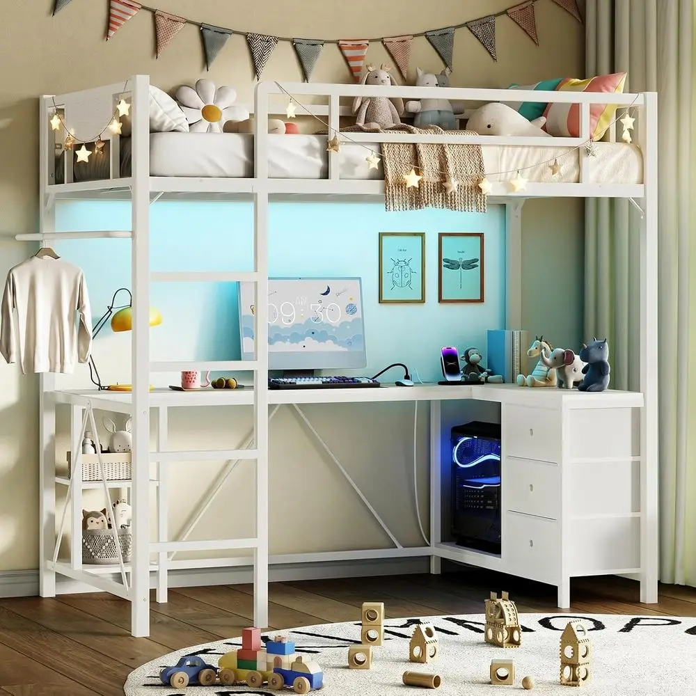 

White Twin Size Metal L-Shaped Desk Bed with LED Light, Storage Drawers, Charging Station, Open Shelves, No Box Spring Needed