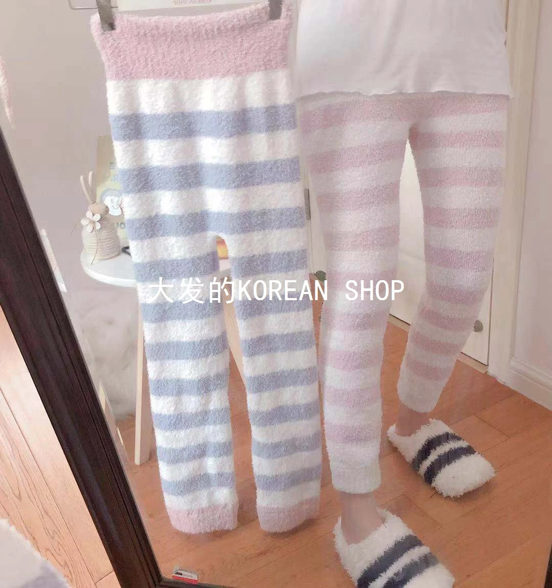 Autumn and Winter Warm Soft High Waist Striped Thermal Pants Women's Japanese Ins Comfortable Home Pajama Pants