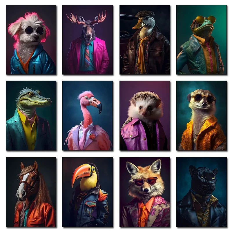 Fashion Suit Animal Panda Horse Frog Fox Chicken Crocodile Panther Poster Diamond Painting for Living Room Home Decor Cuadros