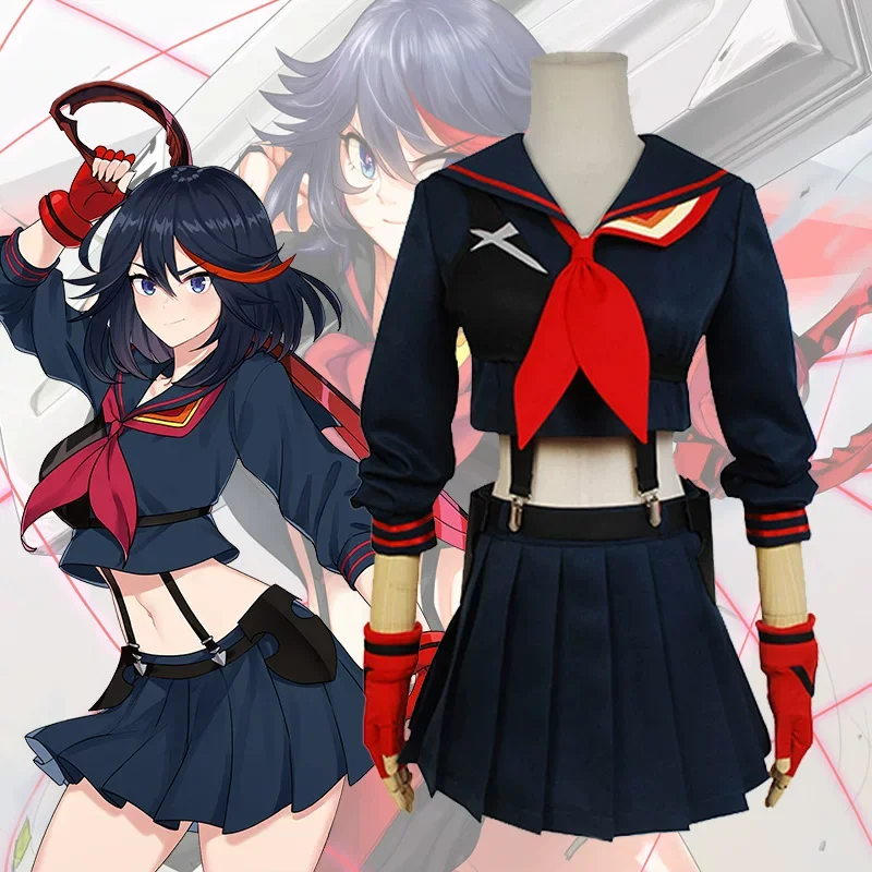 Disfraz de Kill la Kill Ryuko Matoi, uniforme de Goku, traje de colegiala, cuello de marinero rojo, cinturón, botas para mujer, Halloween