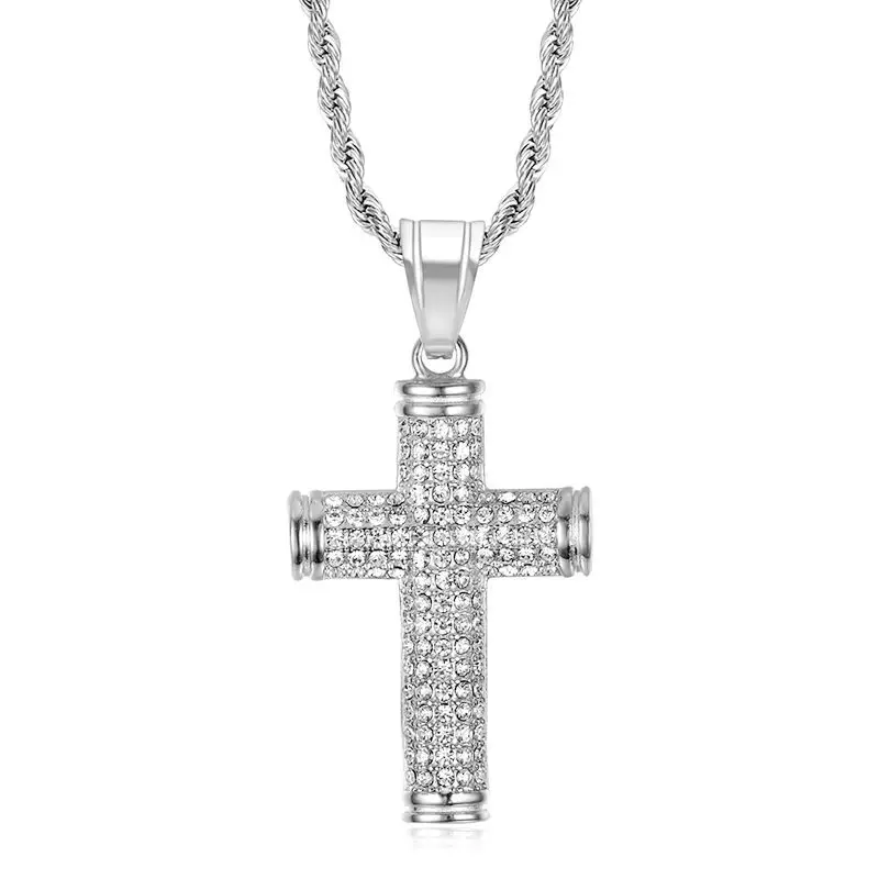 Hip Hop Bling Iced Out Gold Silver Color Titanium Stainless Steel Semi Cylindrical Cross Pendant Necklace for Men Rapper Jewelry