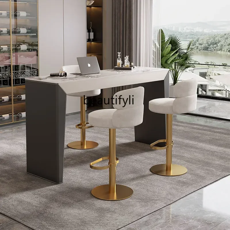

yj19 Italian simple saddle skin rock slab bar open kitchen dining table integrated high bar53