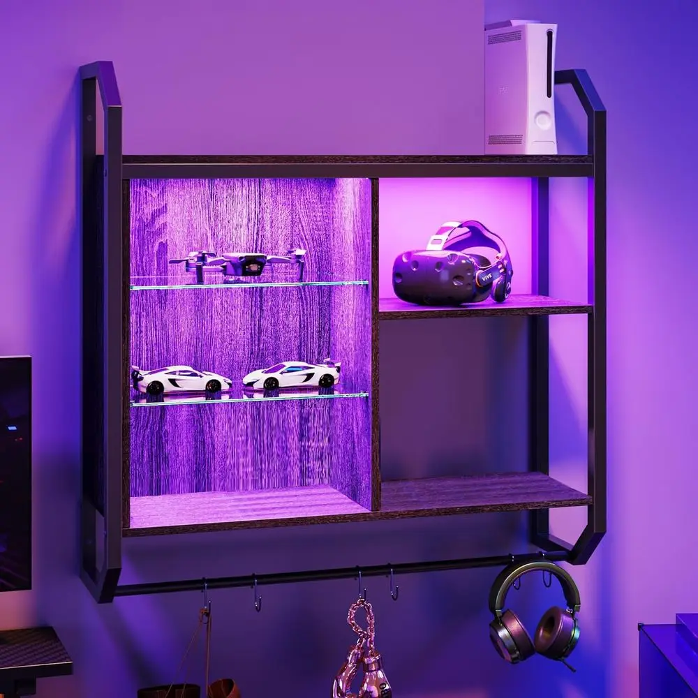 

Gaming loating Shelves, 34" LED Wall Mounted Shel with Adjustable Glass Shel, Pipe Shelves Hanging Display Rack Bookshel with 6