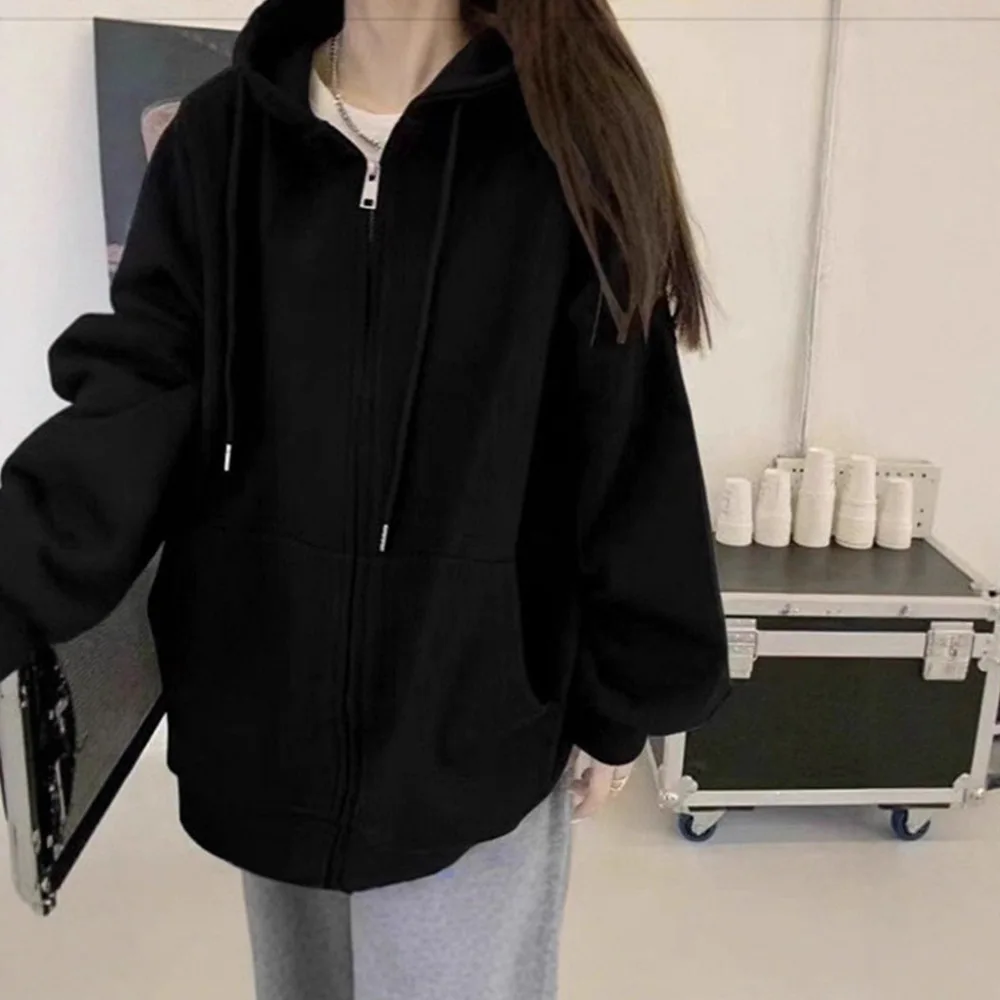 Early Autumn New Loose Women's Hoodie Fleece Lined Open Cardigan Zipper Top Korean Style Winter Outerwear Black Lazy Style