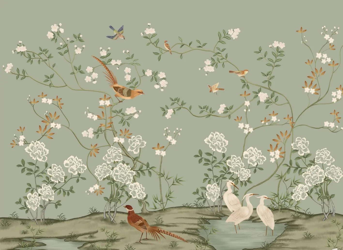 Customized size wallpaper with green layered branches to create a dense canopy effect, pink purple cream leaf wallpaper murals