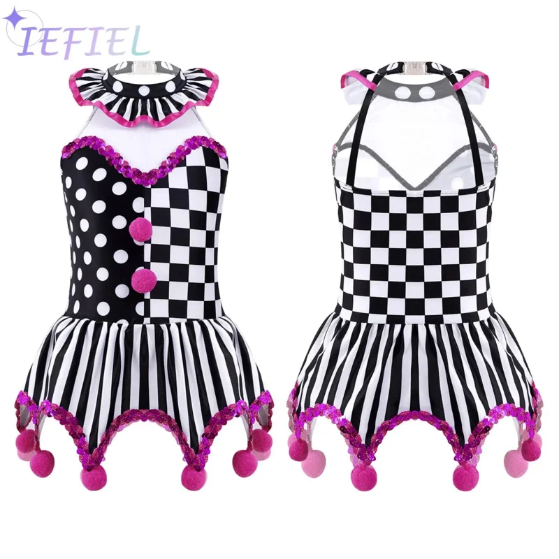 Girls Circus Clown Joker Halloween Show Costume Festival Stage Play Role-playing Grid Pompoms Adorned Sequin Tutu Leotard Dress