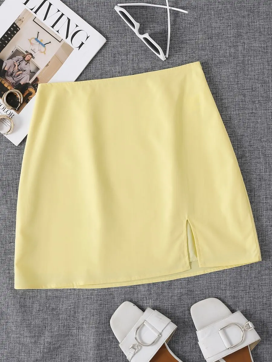 

Women's Solid Yellow Mini Skirt with Side Slit, Satin Finish, Casual Style