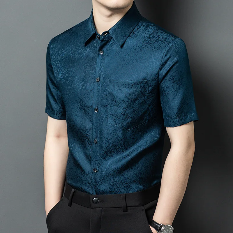 

High Quality Real Silk Men's Summer Short-Sleeved Shirt Medium Green Young Luxury Lapel Dad