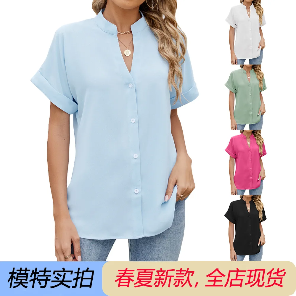 

2025 Women's T-Shirt Clothes Woman Clothing Top Women Basic V-Neck Solid Colour Multi Button Casual Shirt T-Shirt Tops Women