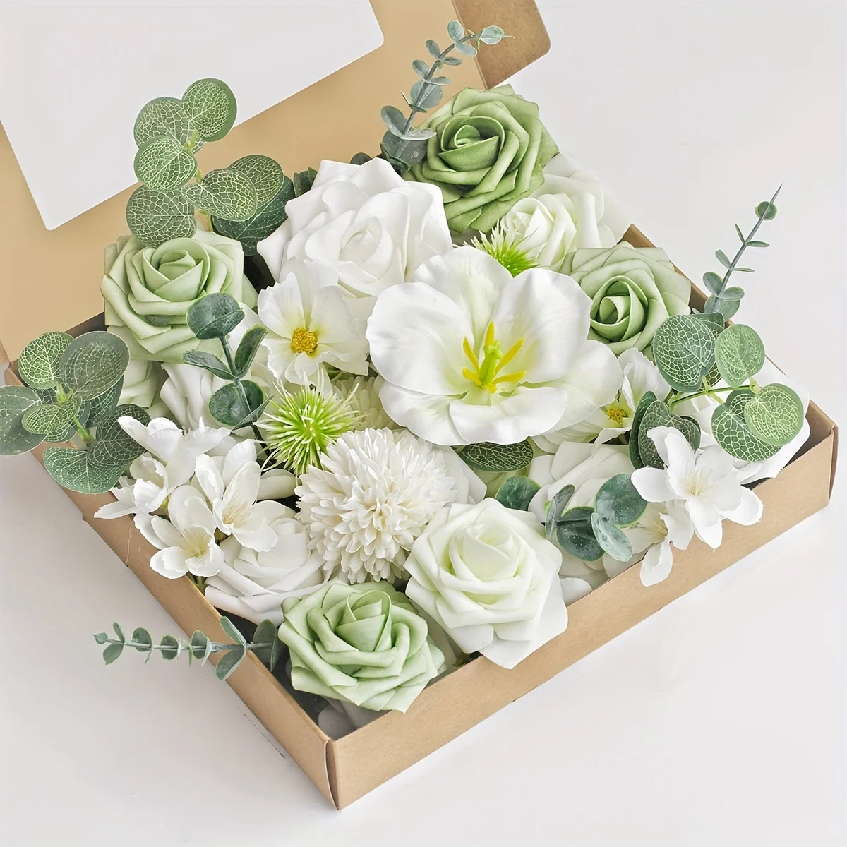 Elegant 11.02inch x 9.84inch Green and White Artificial Flower Box  Perfect for Wedding Decor, DIY Cake, , Spring Festivities, a