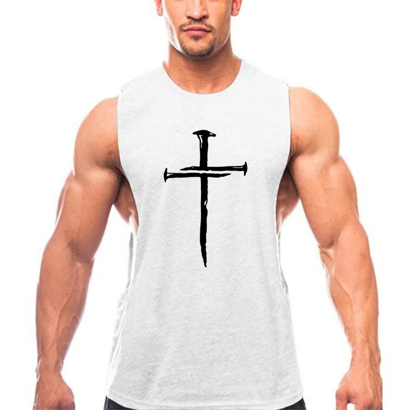 Personalized Cross Print Tank Tops Mens Bodybuilding Gym Stringer Cotton Breathable Sleeveless Fitness Shirt Workout Muscle Vest