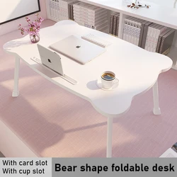 Small Foldable Laptop Desk with Cup Holder Card Slot Cute Bear Bed Desk Anti-slip Waterproof Tatami Table for Dormitory Student