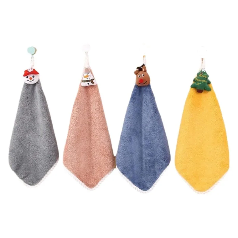 هدية الكريسماس معلقة منشفة اليد المرجان الصوف منشفة ماصة المطبخ المنزلية والحمام الكرتون تجفيف الأيدي منشفة معلقة #4