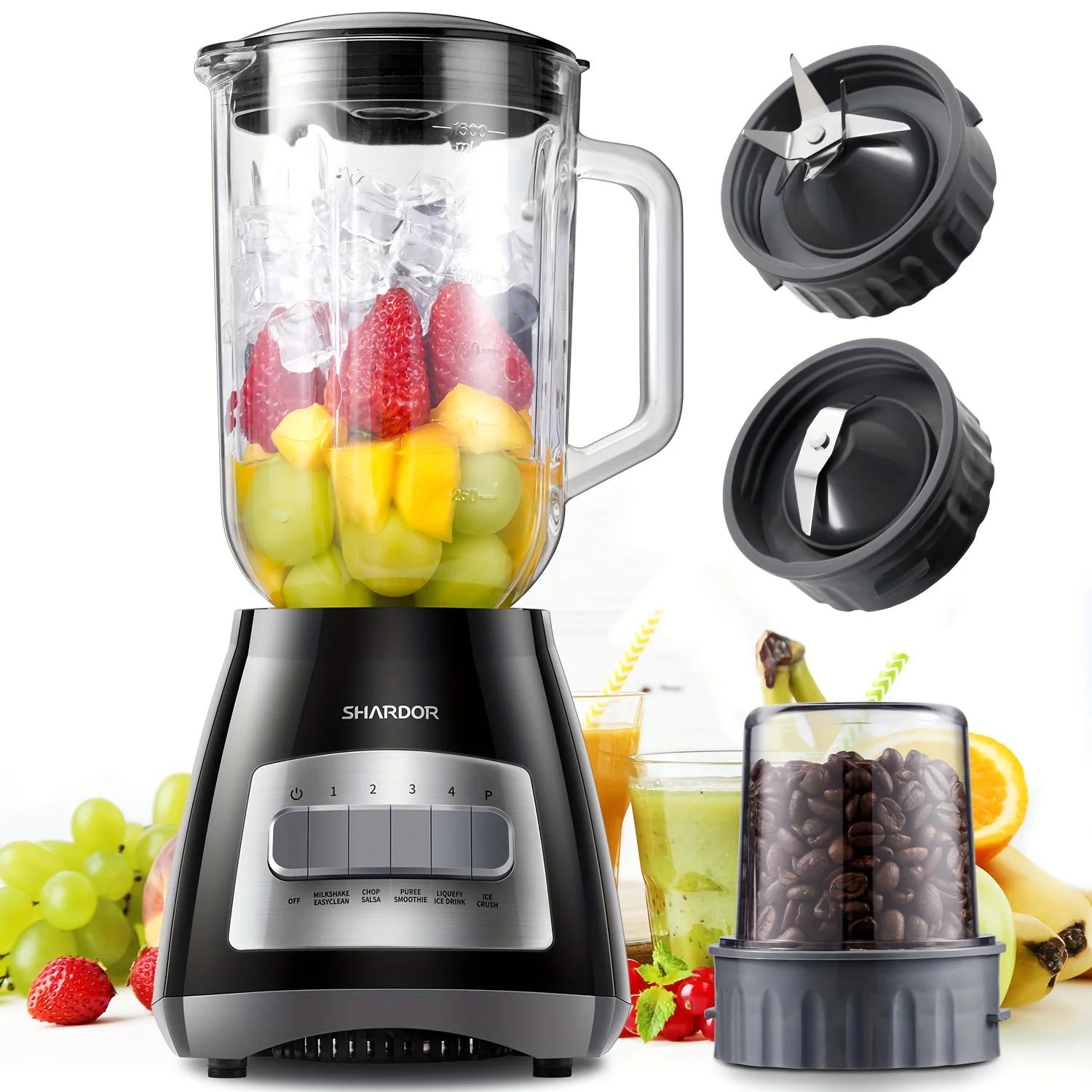 

Smoothie Blender with 52 oz Glass Jar – 9-in-1 Countertop Blender & Grinder Combo | 5 Adjustable Speeds for Blending Shakes, Pureeing Fruits, Crushing Ice, Chopping Nuts, Making Sauces, Grinding Spices, Mixing Batters, Preparing Baby Food, and More | 700W