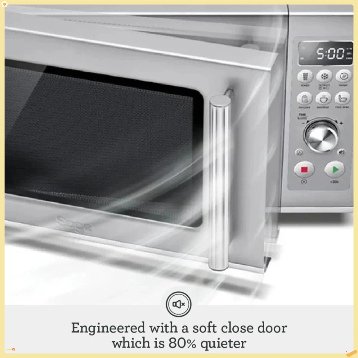 コンパクトな波型電子レンジ、ソフトクローズ機能付き、シルバーのデザインで、小さなキッチンに最適です。