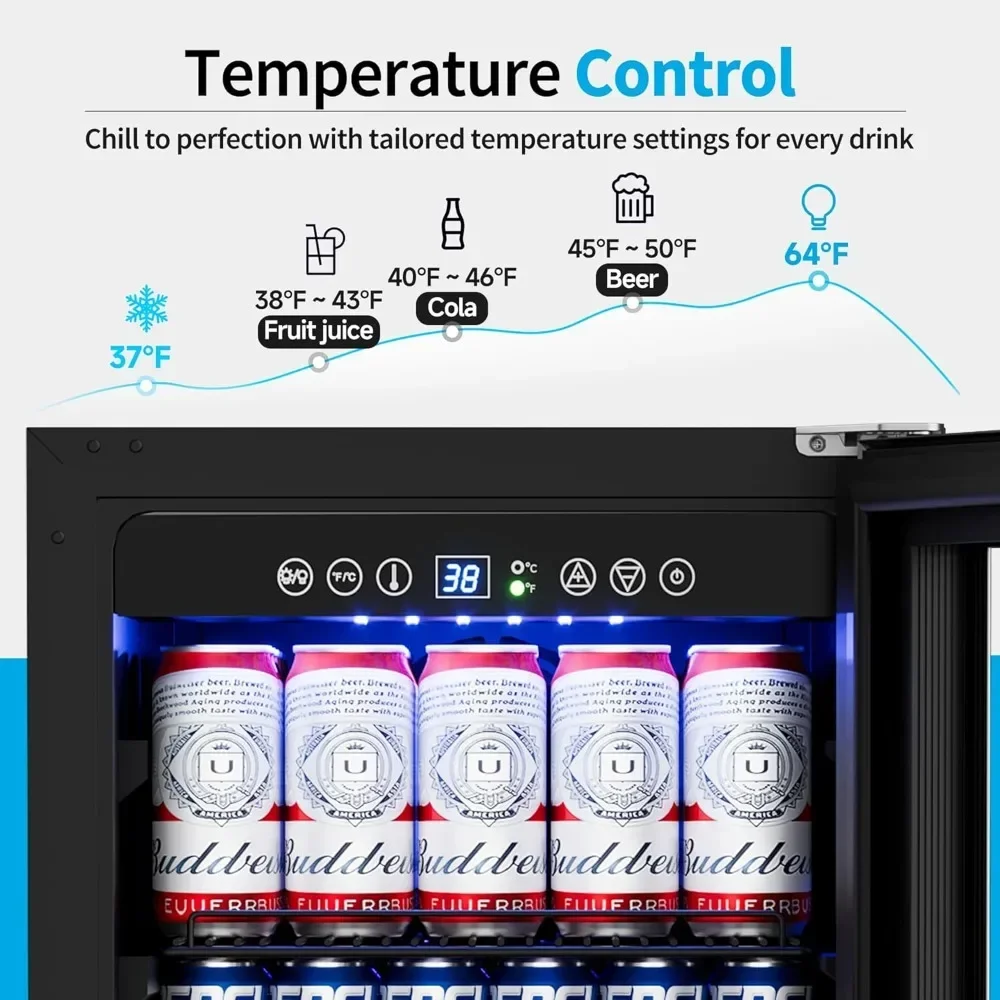 

15 Inch Beverage Refrigerator Under Counter - 126 Cans Beverage Fridge with Glass Door for Beer Wine Soda - Built-in or Freestan