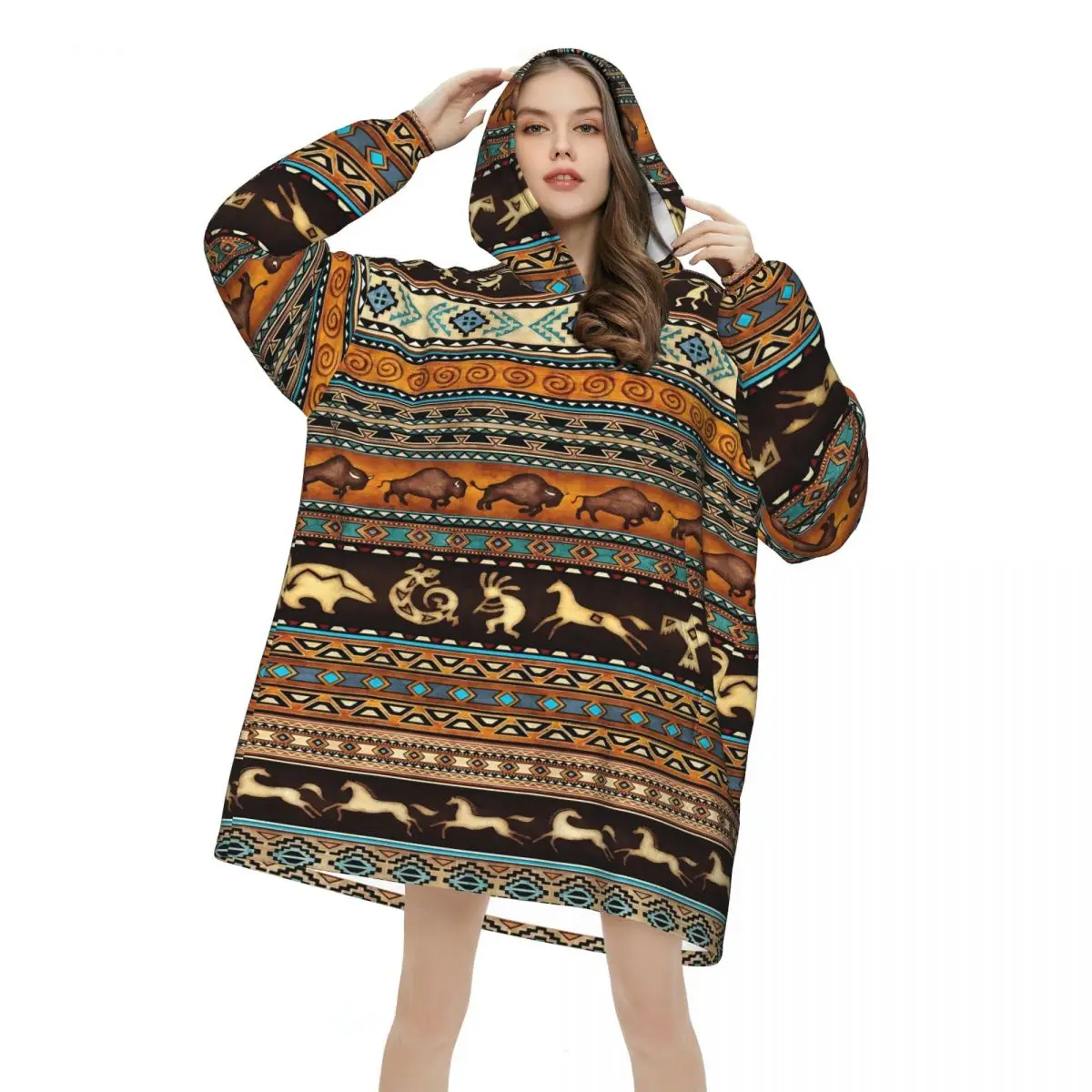Southwestern Aztec Tribal Wearable Blanket Hoodie for Women Men Oversized Sweatshirt Blanket with Pocket