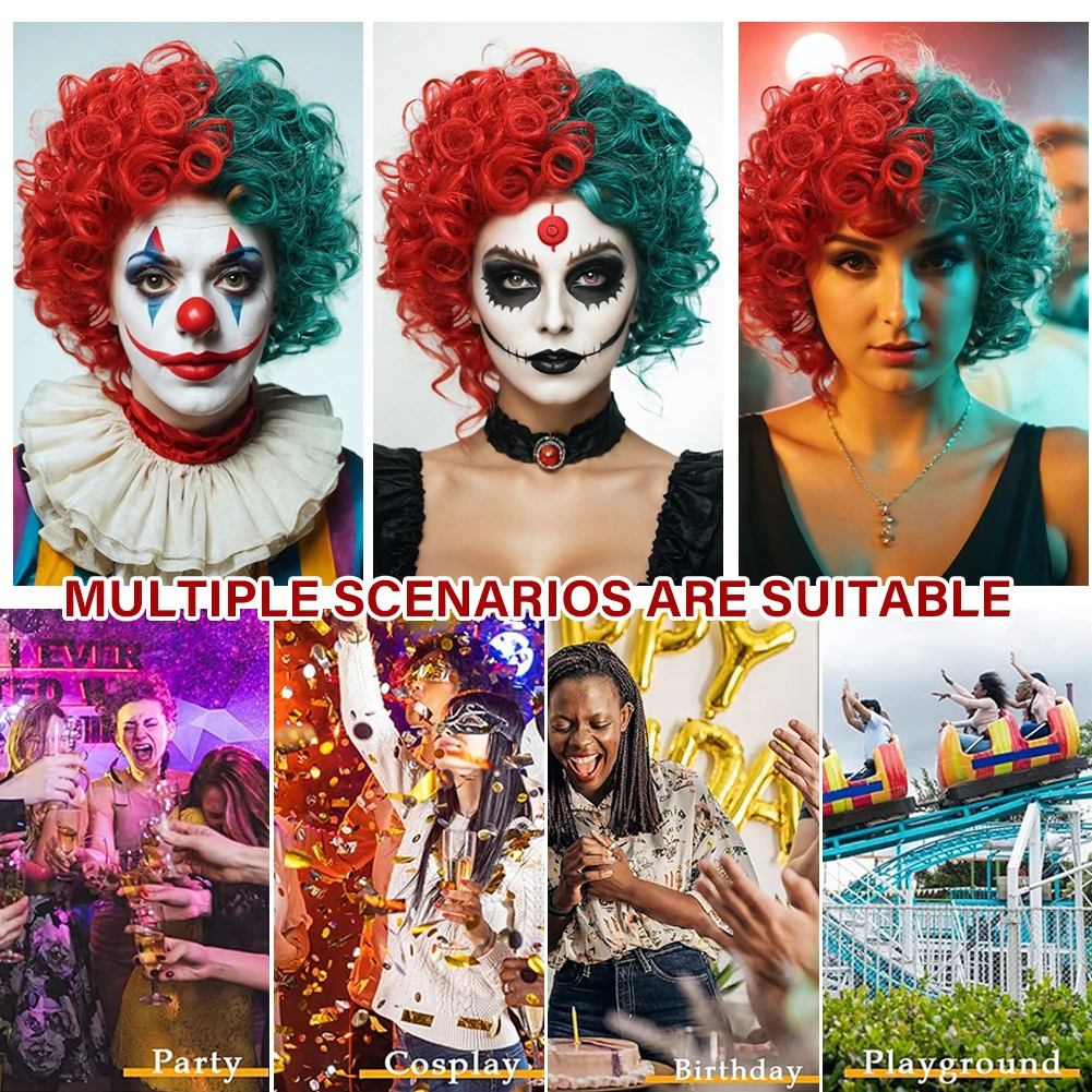 باروكات الهالوماس المهرج، شعر صناعي قصير منفوش ومجعد أحمر وأخضر للنساء للحفلات التنكرية #6