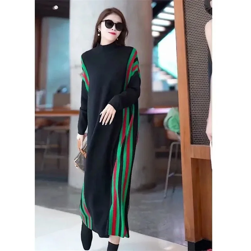 Women Turtleneck Knitted Dress Elegant Color Matching Autumn Winter Long Sleeve Casual Loose Sweater Dress Lady Warm Dresses
