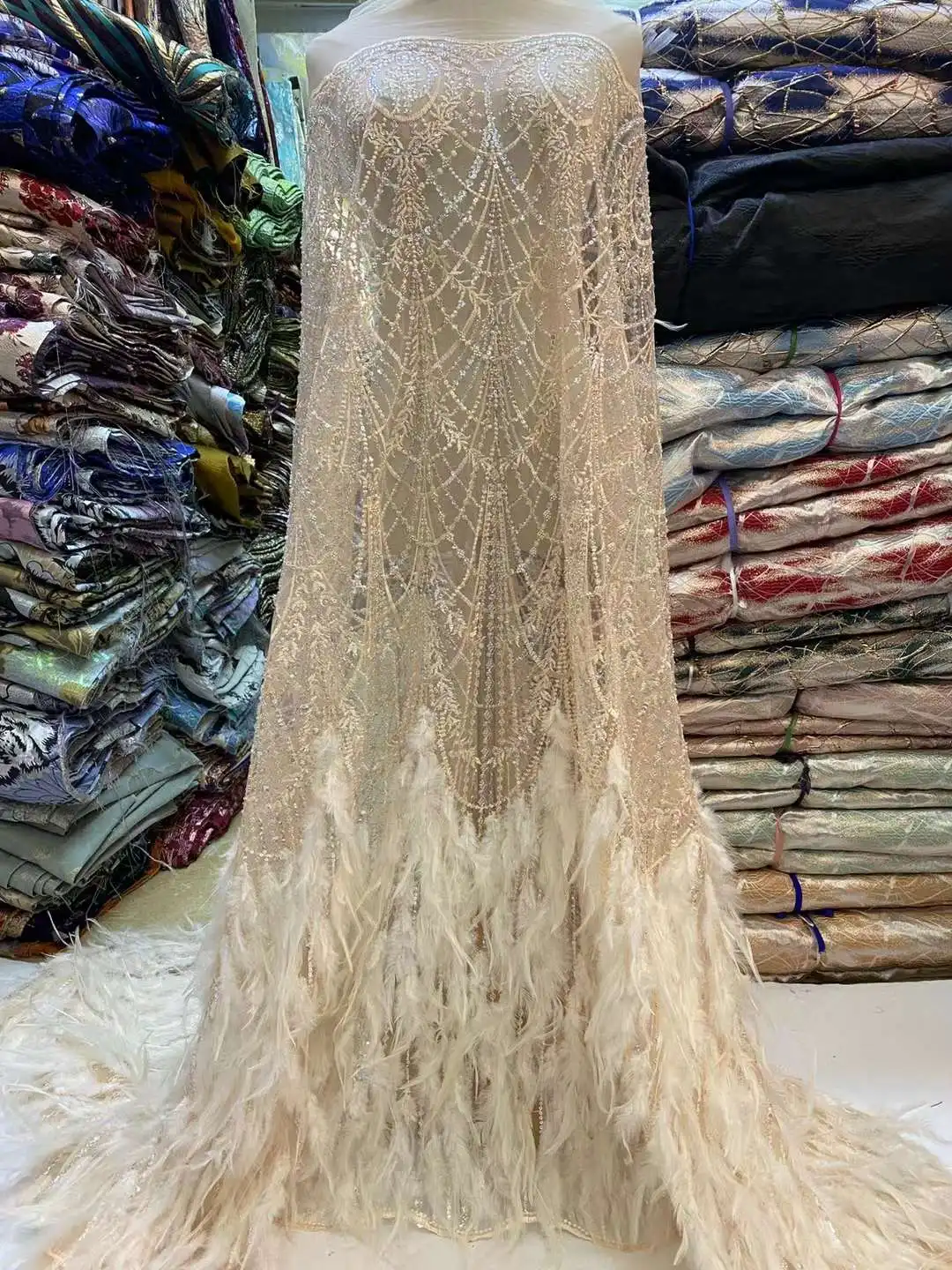 Beautiful Handmade Feathers With 3D Feather Embroidery French mesh yarn lace African Nigeria fabric For Evening dresses wedding