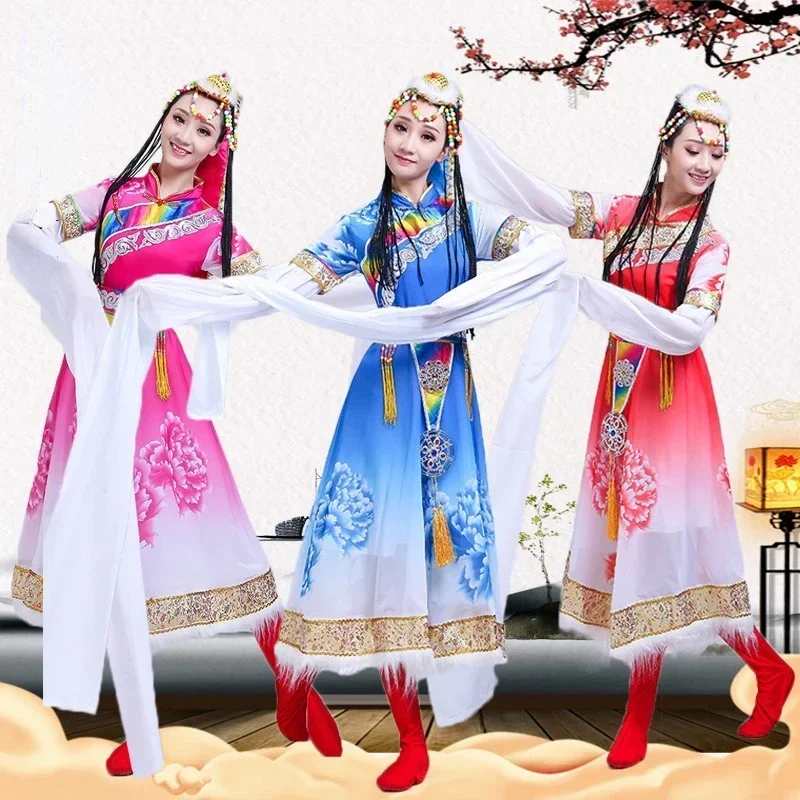 伝統チベット民族舞踊衣装中国の民族舞踊ウォータースリーブモンゴル衣装女性古典国家ダンスドレス