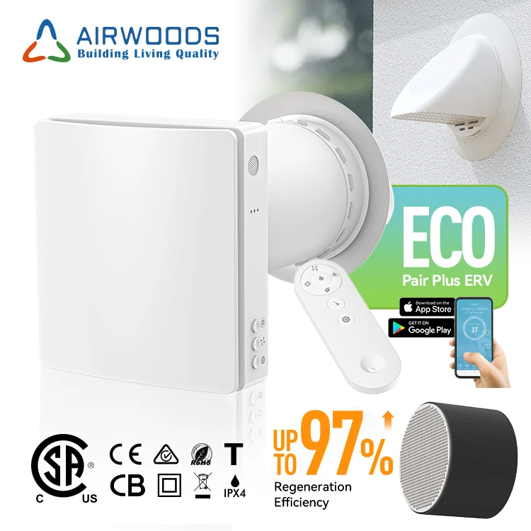 Patented Ceramic Core 97% Heat Recovery Efficiency Ven tilator Ductless Exhaust Fan Home Ventilation Wifi Control Wall Mounted