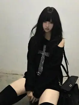 Seeslim Cross One-shoulder Graphic Hoodies Long Sleeve Black Women's Sweatshirts Harajuku Grunge 2000s Clothes Y2k Autumn Tops 4 Seeslim Cross One-shoulder Graphic Hoodies Long Sleeve Black Women's Sweatshirts Harajuku Grunge 2000s Clothes Y2k Autumn Tops 4
