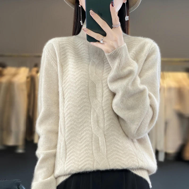 100% Merino wool cashmere sweater women's sweater high neck long sleeve thick warm pullover jacket for autumn and winter.