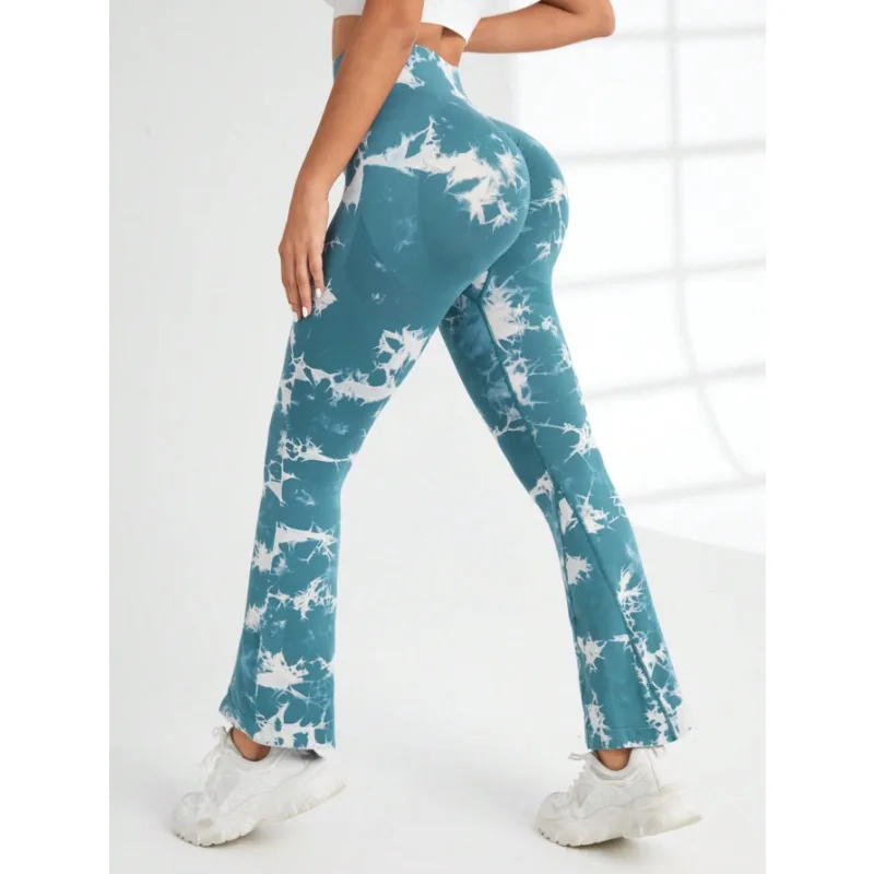 Women Tie Dye Flared Pants Knit Seamless Leggings High Waist Butt Lift Fitness Pants Gym Yoga Cycling Skinny Stretchy Leggings