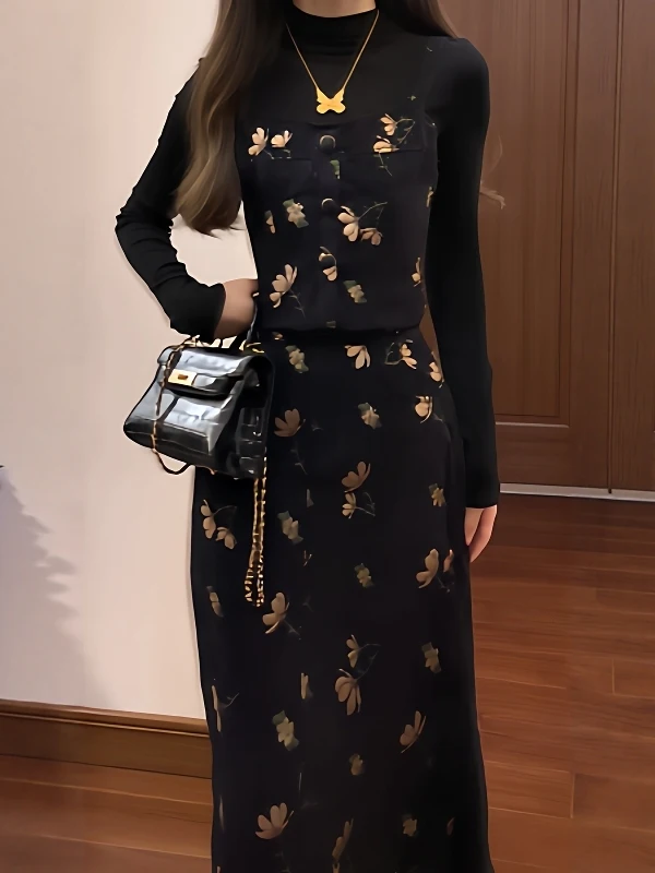 

Уникальный комплект из трех предметов: футболка с принтом, удобные длинные рукава, винтажный стиль, высокий воротник, женская мода